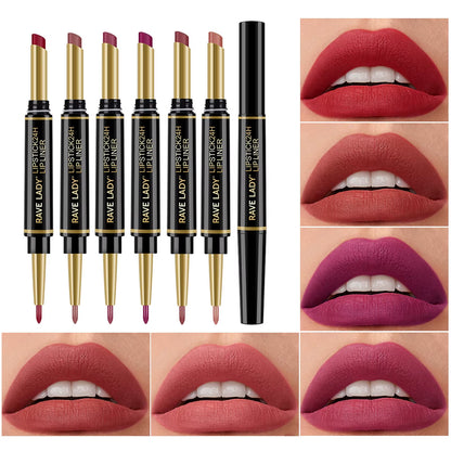 2-in-1 matte lipstick lip liner pencil 6 color swatches sexy red nude pink coral plum rose milk tea lips