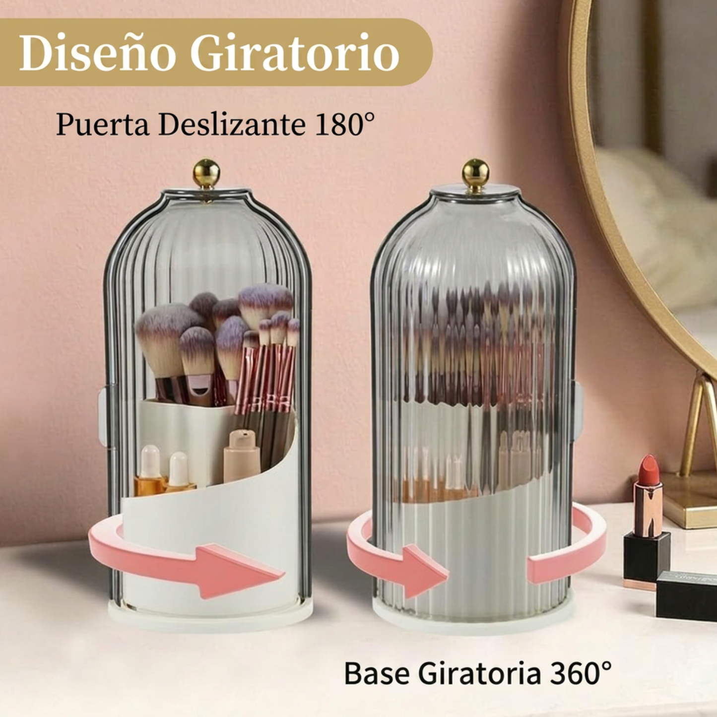 Organizador de Brochas de Maquillaje Giratorio 360° con Tapa – Transparente y a Prueba de Polvo