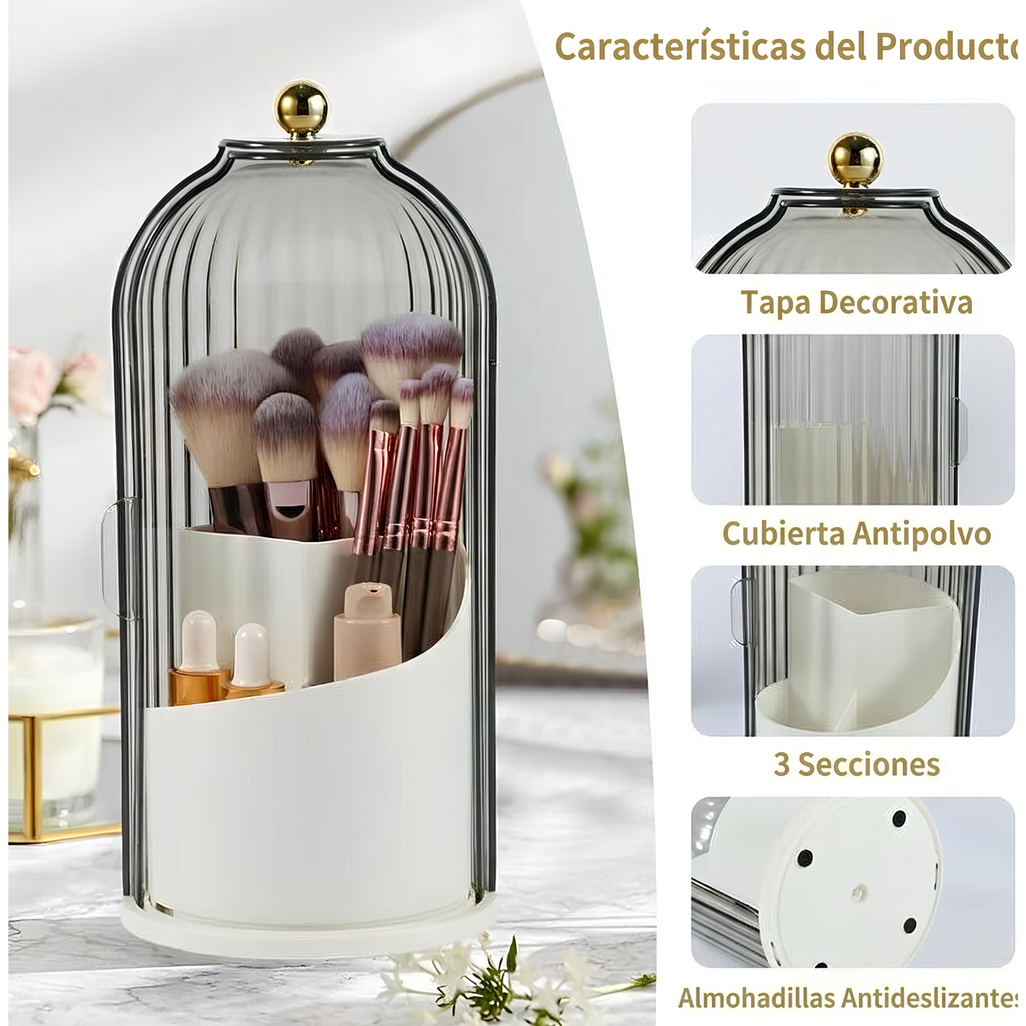 Organizador de Brochas de Maquillaje Giratorio 360° con Tapa – Transparente y a Prueba de Polvo