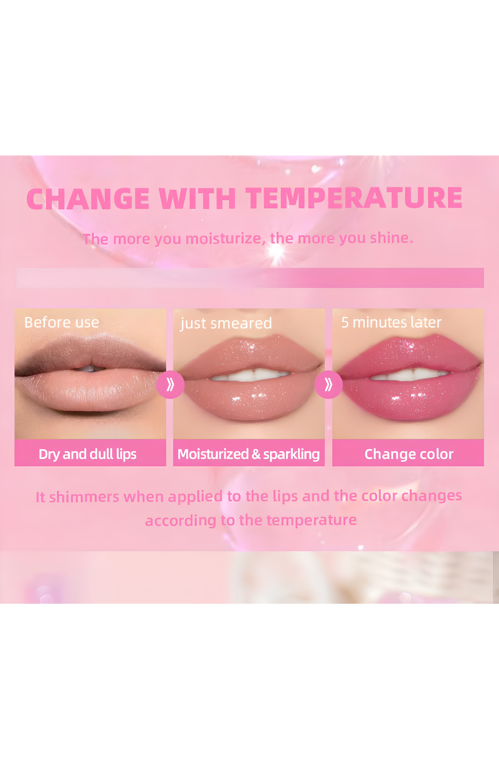 pH lip oil before after color change with temperature- dry to pink plum lips