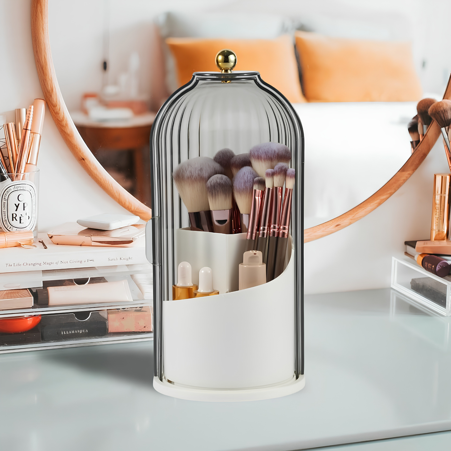 Organizador de Brochas de Maquillaje Giratorio 360° con Tapa – Transparente y a Prueba de Polvo
