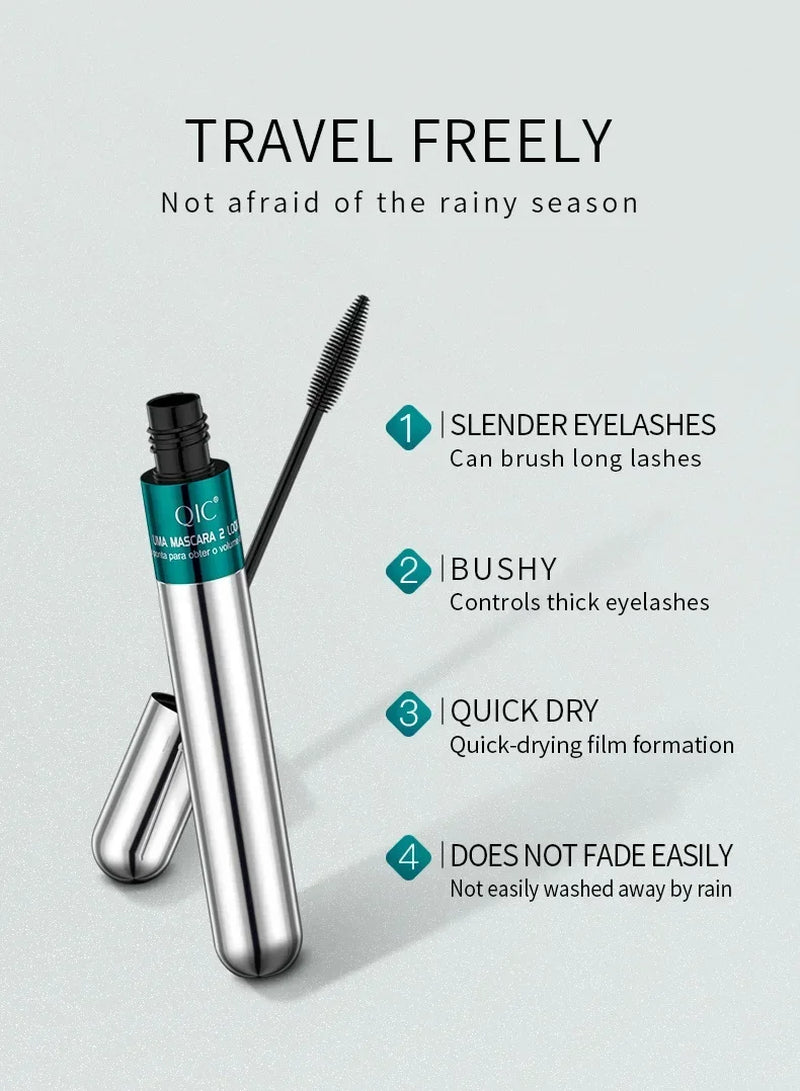 QIC Double Effect 4D Mascara Waterproof Long Curl Natural Thick Eyelash 2-In-1 Black Mascara with 2 Brush Heads