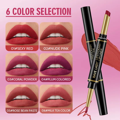 6 color matte lipstick and lip liner pencil sexy red nude pink coral powder plum rose bean milk tea waterproof