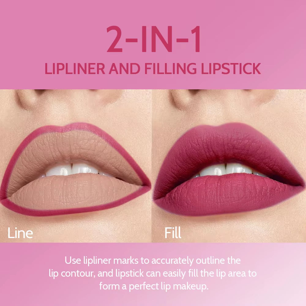 2-in-1 matte lipstick lip liner pencil line and fill lips waterproof long lasting