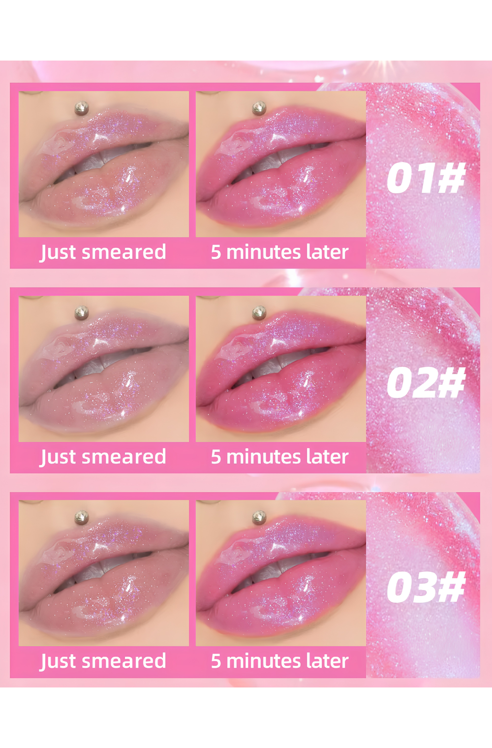 color changing pH lip oil before after 5 minutes- 01 02 03 shades pink tint results