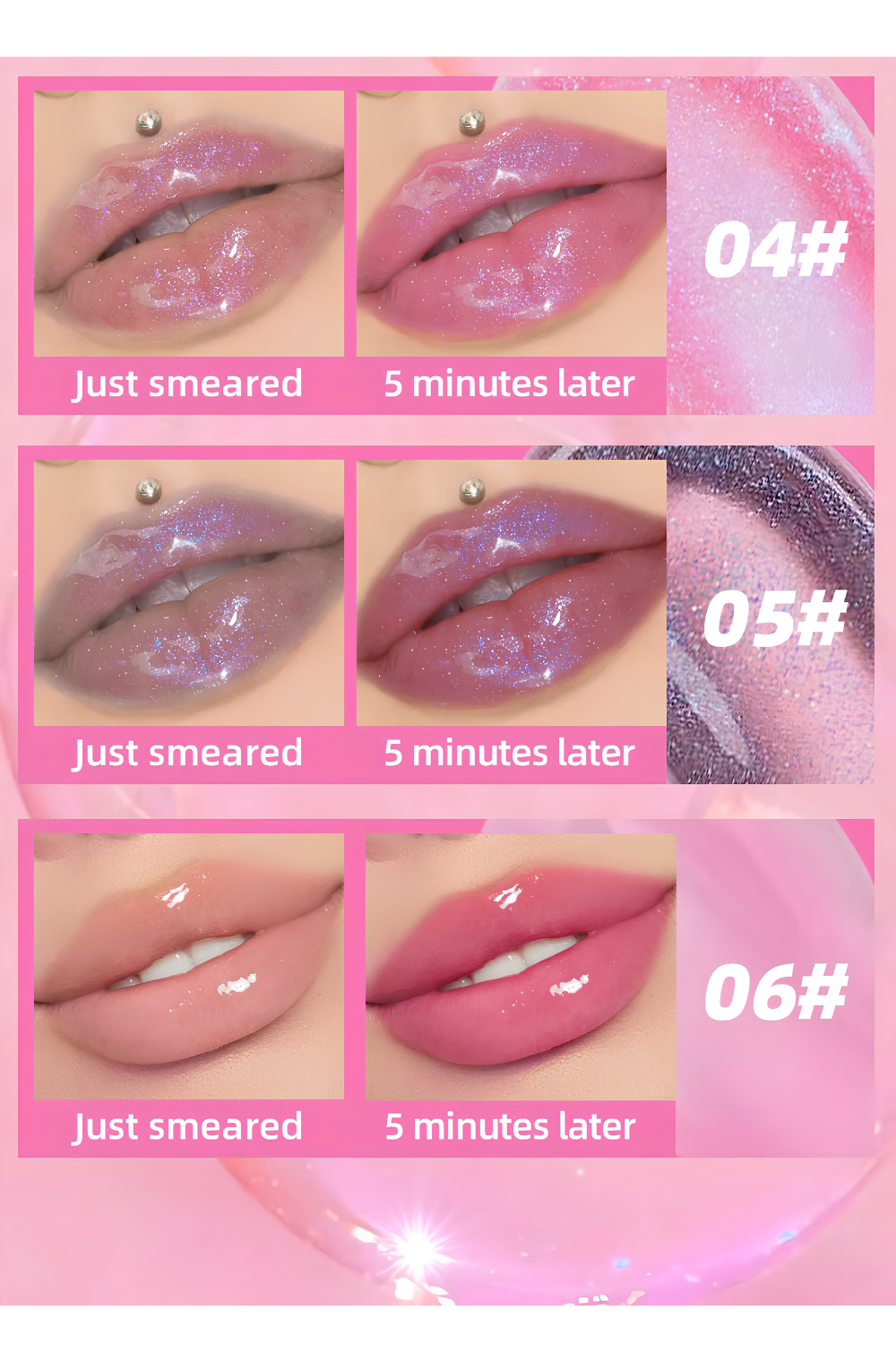 color changing pH lip oil before after 5 minutes- 04 05 06 shades magenta plum pink results