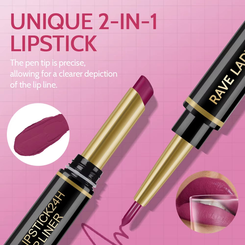 unique 2-in-1 matte lipstick and lip liner pencil waterproof 24h long lasting no transfer cup